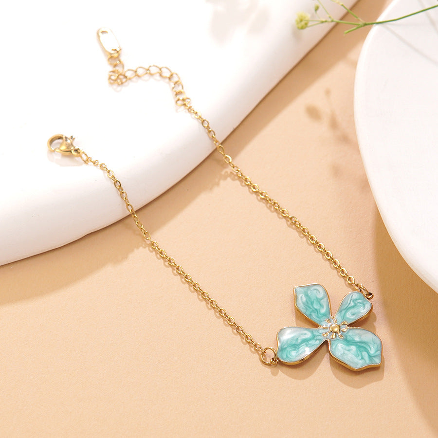 Sweet Drip Oil Floral Stainless Steel Necklace and Bracelet Set for Women