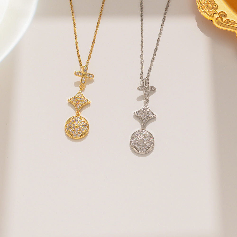 Minimalist Floral Three-Flower Titanium Steel Necklace for Women with Micro-Pavé Zirconia and Polished Ball Chain
