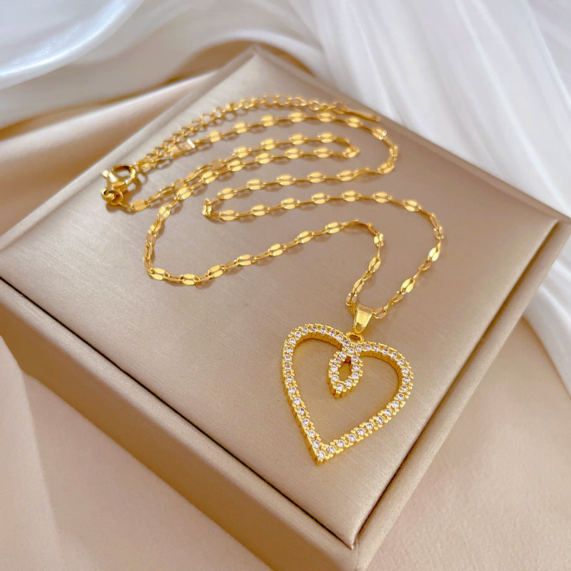 Minimalist Heart-Shaped Titanium Steel Plated Necklace for Women with Delicate Locket Chain and Moon Motif
