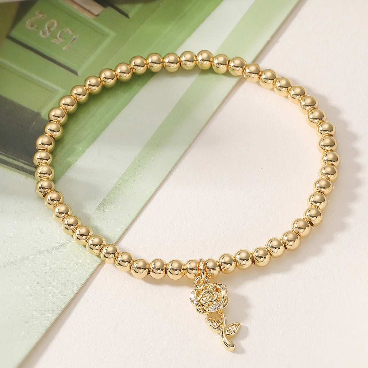 Fashion Geometric Rose 18K Gold Plated Brass Cubic Zirconia Pendant Bracelet for Women