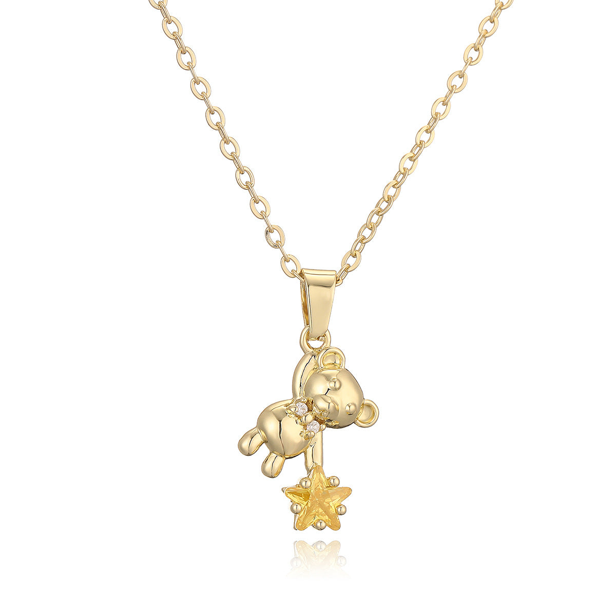Cute Bear-Shaped Pendant Necklace for Women Made of Brass with Real Gold Plating and Zircon Inlay Minimalist Style
