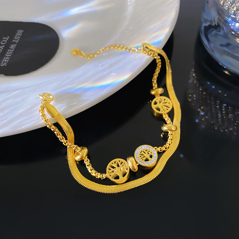 Minimalist Luxury Tree Leaf Plated Titanium Steel Box Chain Bracelet for Women