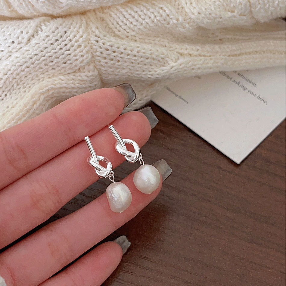 Minimalist Korean-Style 925 Sterling Silver Knot Pearl Stud Earrings with Geometric Beveled Cubic Accent