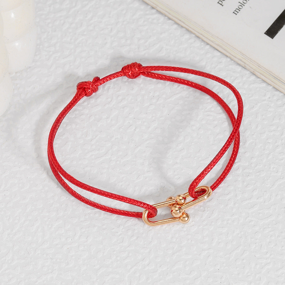 Sweet Handmade Braided Leather Bracelet with Alloy Horseshoe Clasp for Unisex