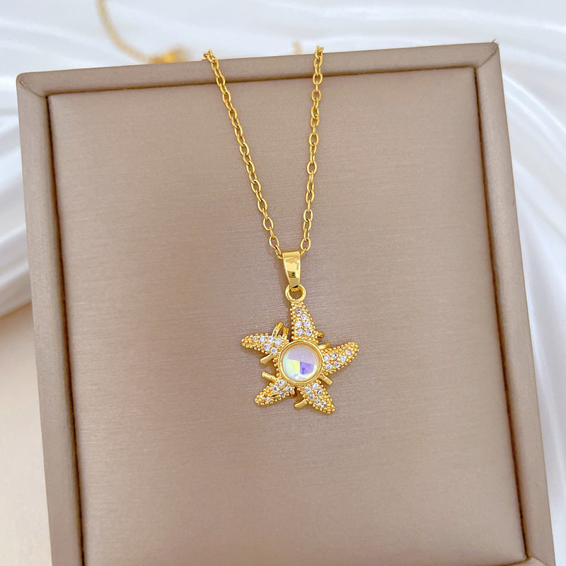 Sweet Minimalist Colorful Star Rhinestone Pendant Titanium Steel Necklace for Unisex