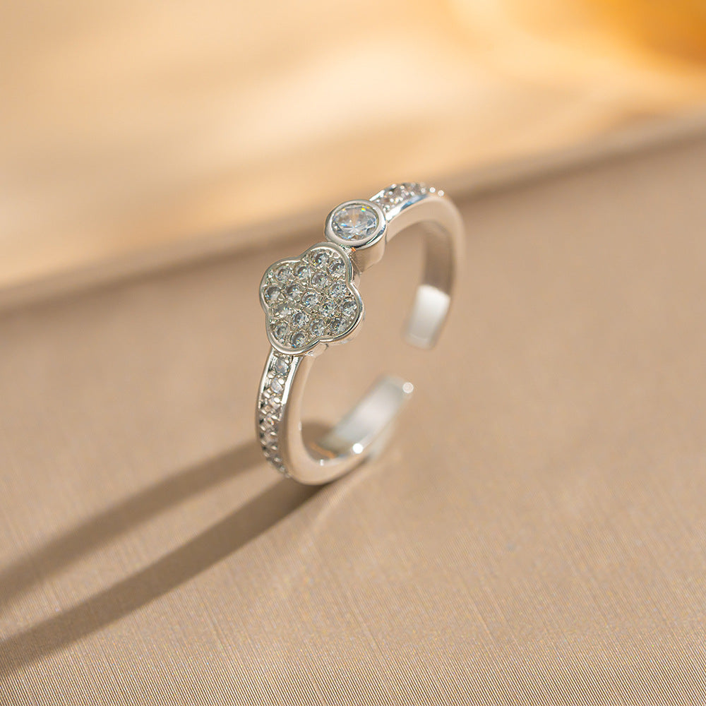 Luxury Minimalist Adjustable Open Ring for Women with Gold-Plated Copper Band and Zircon Stone Accent in Heart and Floral Shape