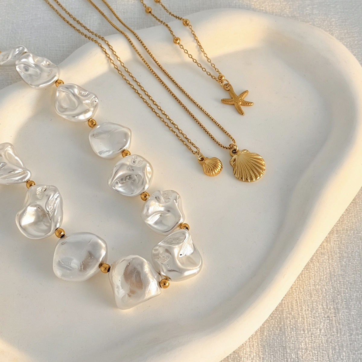 Sweet Stainless Steel Starfish Shell Pearl Pendant Necklace Plated Fine Chain Women's Jewelry
