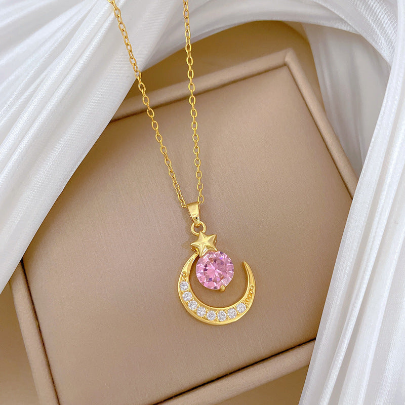 Collar de acero inoxidable con diseño de estrella y luna estilo dibujos animados, incrustaciones de pedrería para mujeres y hombres, delicada cadena de clavícula