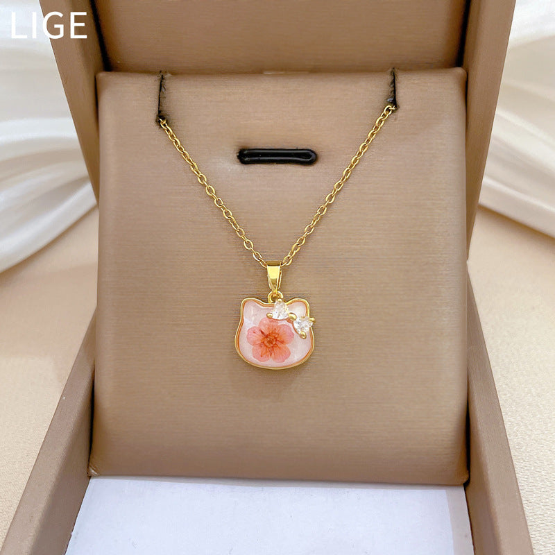 Sweet Geometric Butterfly Floral Resin and Brass Rhinestone Pendant Necklace with Titanium Steel Cable Chain