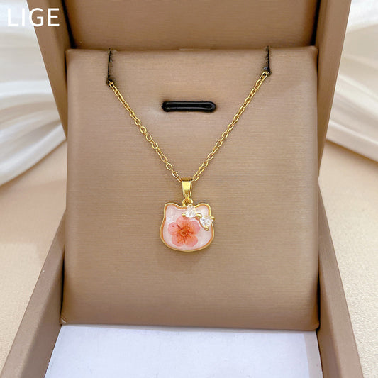 Sweet Geometric Butterfly Floral Resin and Brass Rhinestone Pendant Necklace with Titanium Steel Cable Chain
