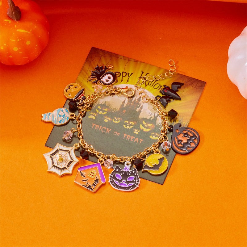 Pulsera con colgante de calabaza, murciélago y fantasma con temática de Halloween para mujer, diseño geométrico de aleación, regalo festivo