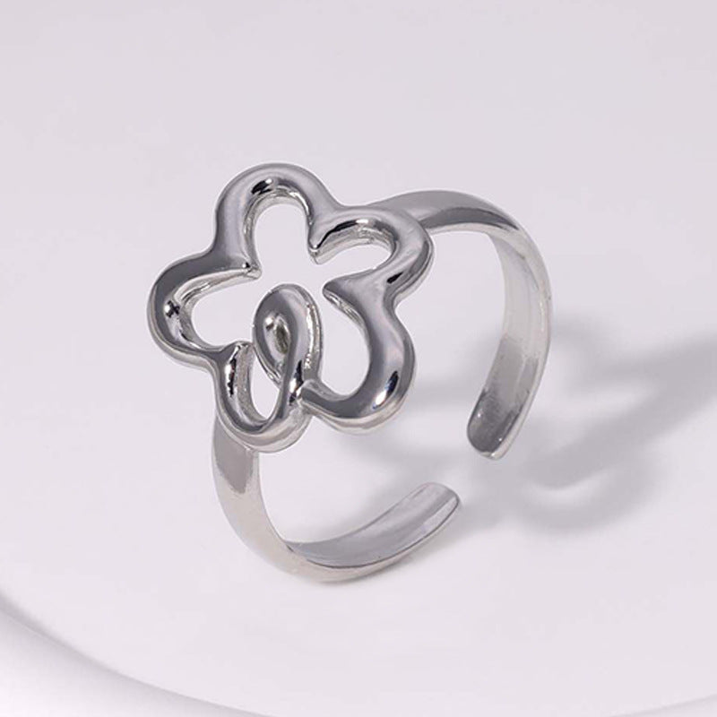 Sweet Minimalist Floral Plated Stainless Steel Open Ring for Women