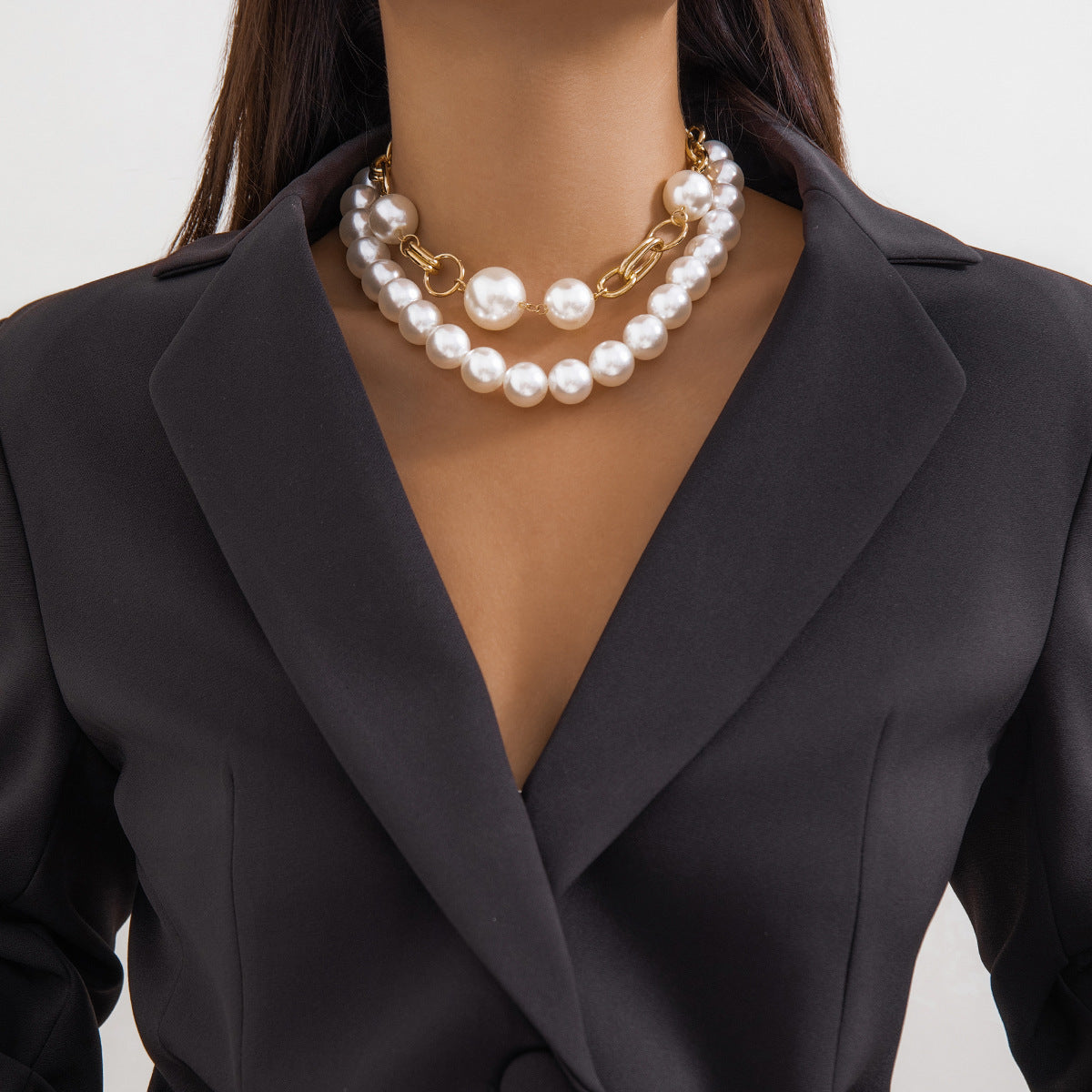 Collar de doble capa estilo perla geométrica minimalista con acabado chapado para mujer