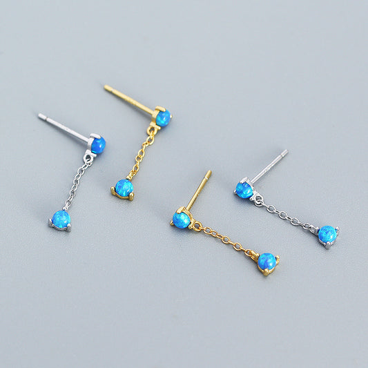 Elegantes aretes colgantes de plata esterlina 925 con diseño geométrico redondo de ópalo y borla