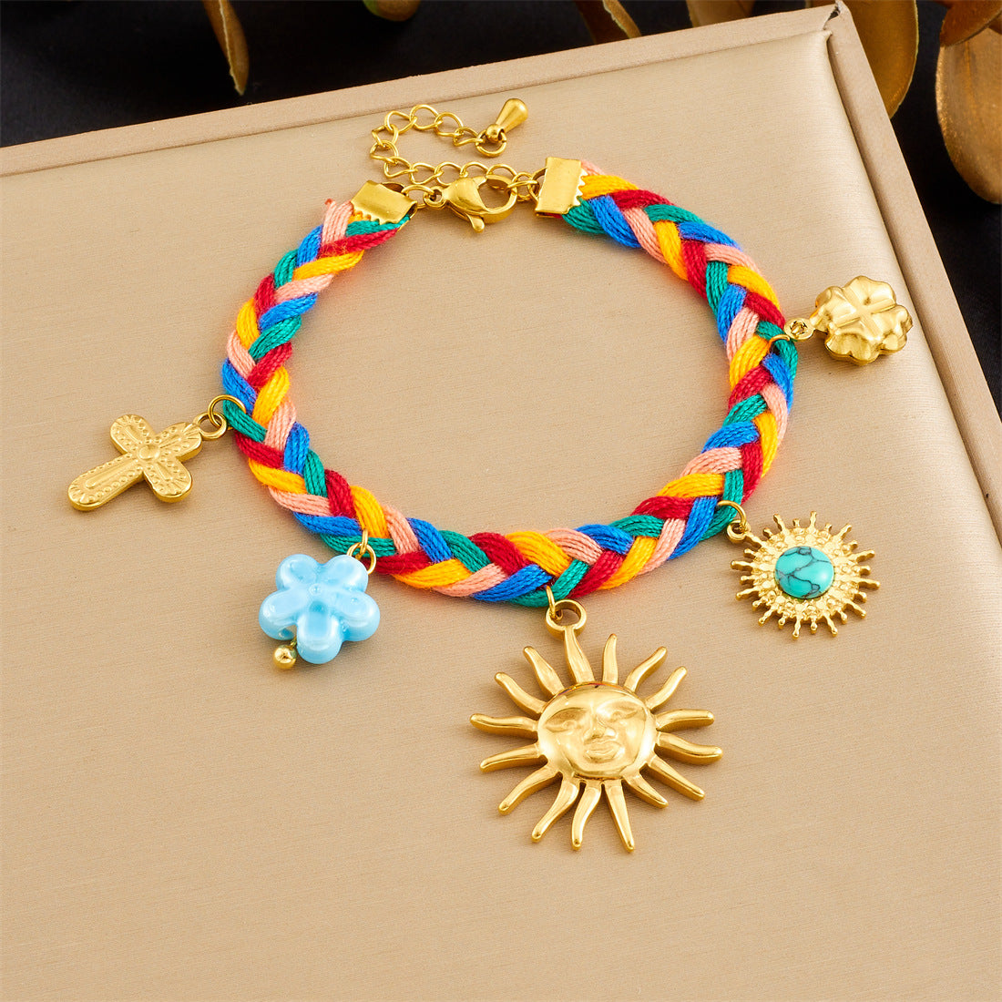 Minimalist Elegant Gold Plated Stainless Steel and Ceramic Heart and Floral Charm Bracelet with Rhinestone