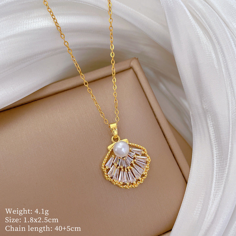 Sweet Minimalist Geometric Moon Titanium Steel Necklace with Brass Pearl and Rhinestone Inlay for Unisex