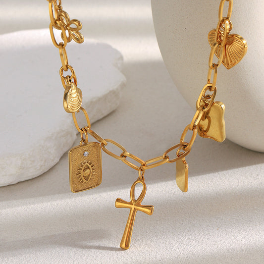 Collar de acero inoxidable con colgante de cruz minimalista de lujo, chapado en oro de 18 quilates para mujer, barra con dijes para manualidades
