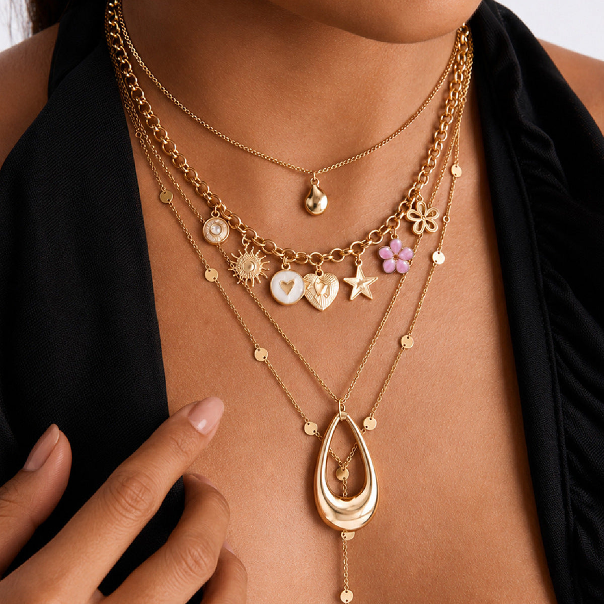 Sweet Drip Oil Heart Floral Star Zinc Alloy Pendant Multi-layer Necklace for Women