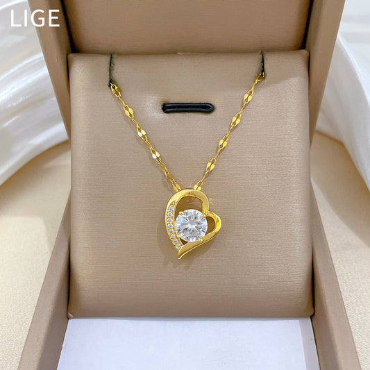 Collar excéntrico de acero de titanio con forma de corazón para mujer, con incrustaciones completas de diamantes de imitación, diseño geométrico minimalista, delicada cadena para clavícula