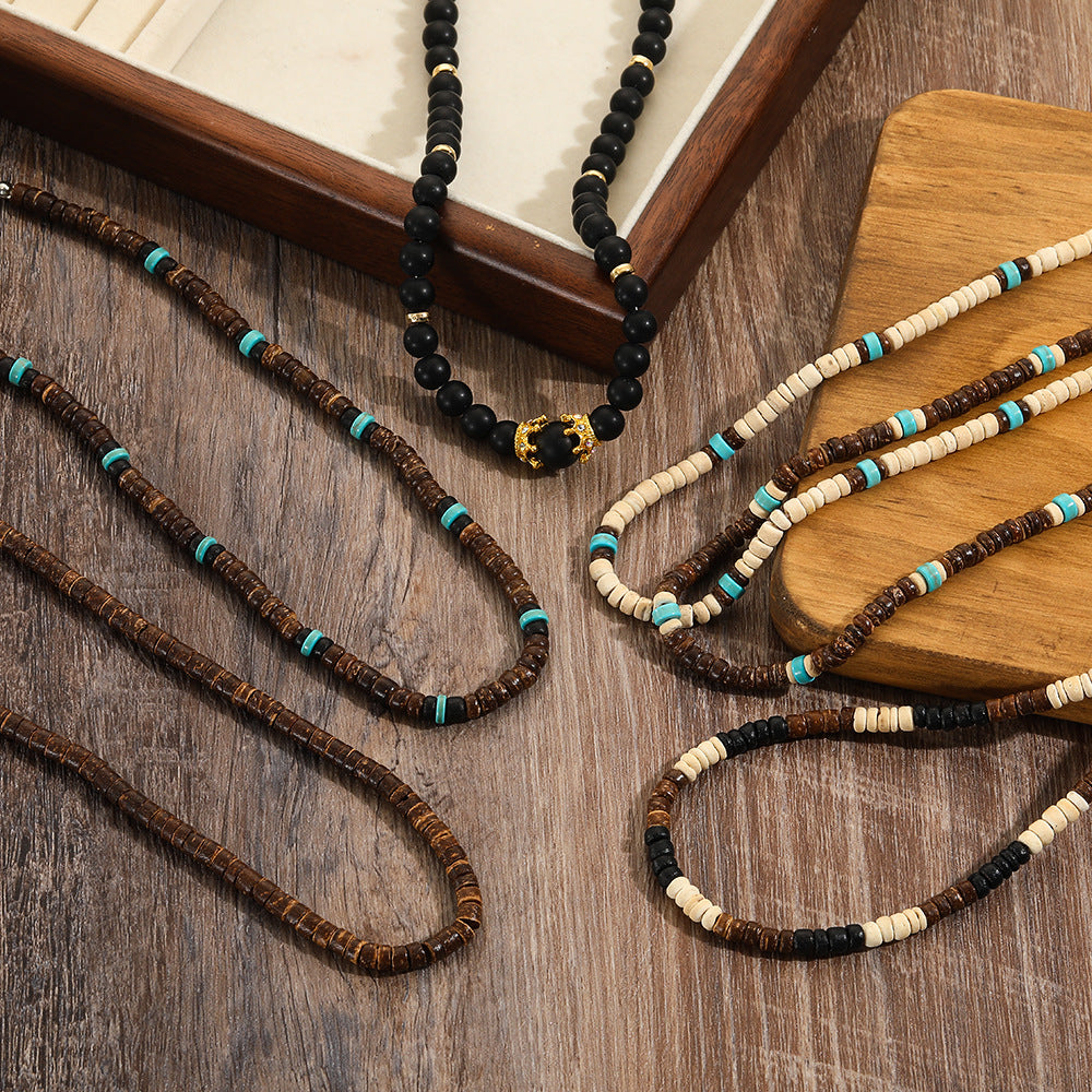 Bohemian Geometric Wood Turquoise Ball Chain Necklace Unisex