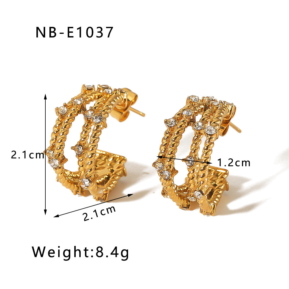 Geometric Stainless Steel Earrings with Zircon Inlay and Vacuum Gold Plating for Women