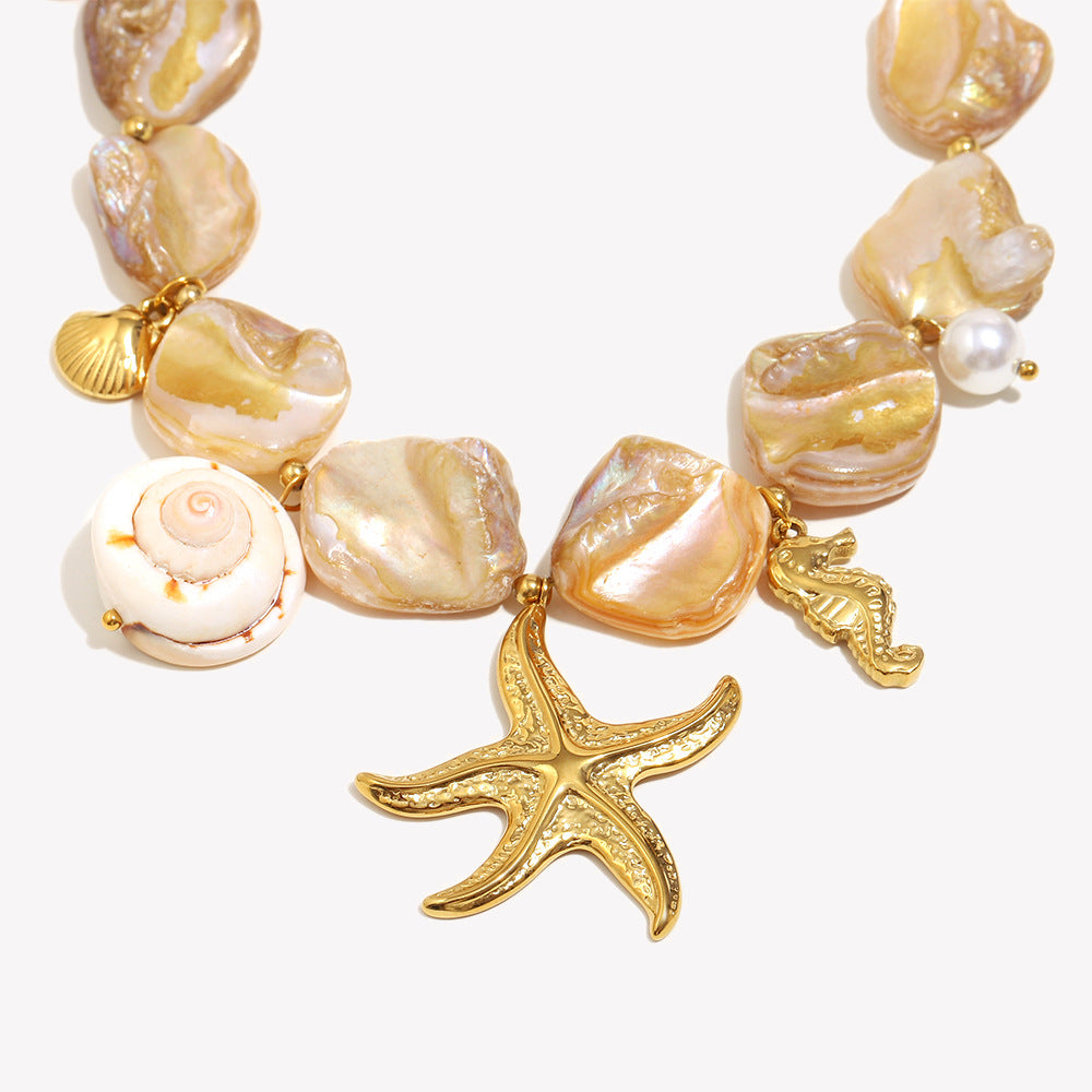 Luxury Bohemian Ocean-Inspired Geometric Pendant Necklace for Women Stainless Steel with 18K Gold Plating Featuring Starfish and Seahorse Charms