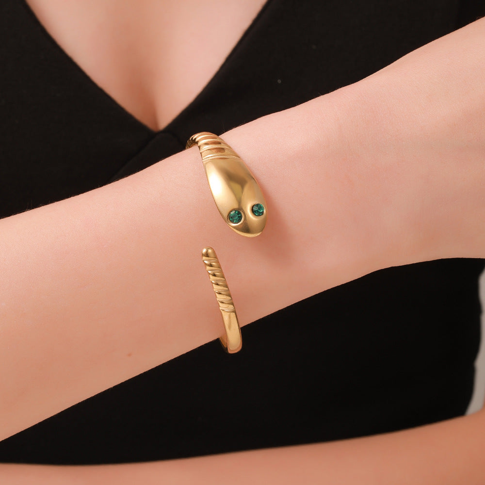 Minimalist Luxury Snake Shape Stainless Steel Plated Rhinestone Open Cuff Bracelet for Women