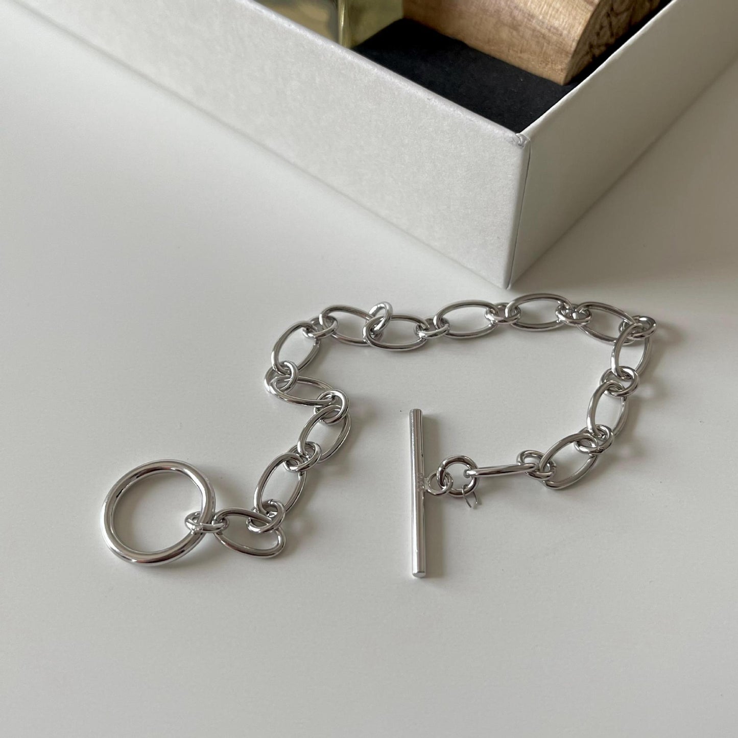 Pulsera de Cadena Redonda Ovalada Geométrica de Plata de Ley 925 Bañada en Oro Blanco para Mujer