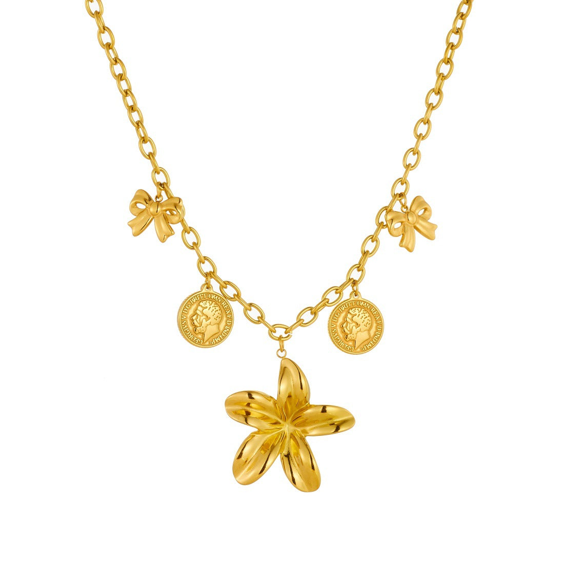Chic Gold Plated Floral Bow Stainless Steel Pendant Necklace with Cable Chain