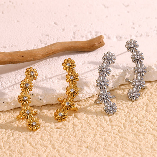 Vintage Floral Stainless Steel Ear Cuffs with 18K Gold Plating and Cubic Zirconia for Women