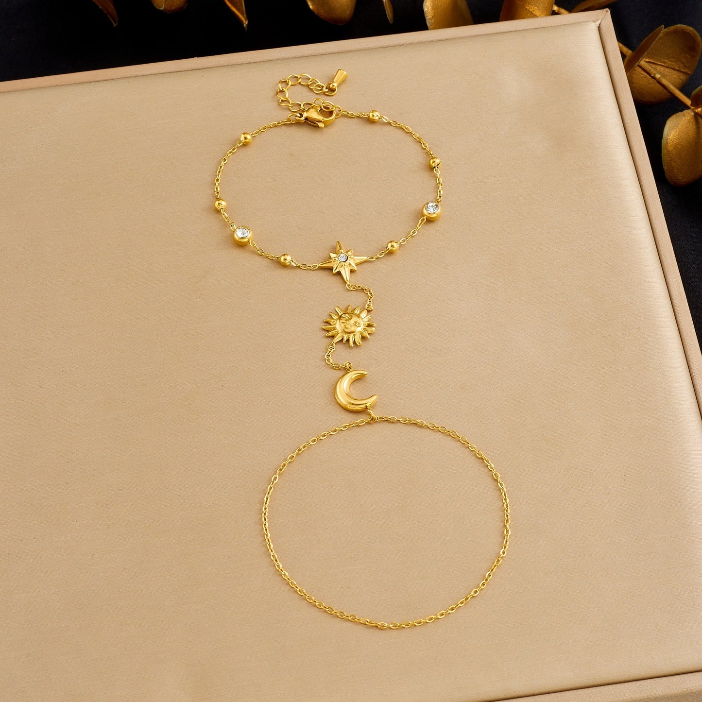 Minimalist Gold Plated Stainless Steel Star Moon Hand Chain Bracelet for Women
