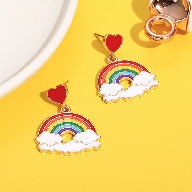 Cartoon Style Heart and Cloud Shape Enamel Alloy Children's Stud Earrings with Rainbow and Love Motifs