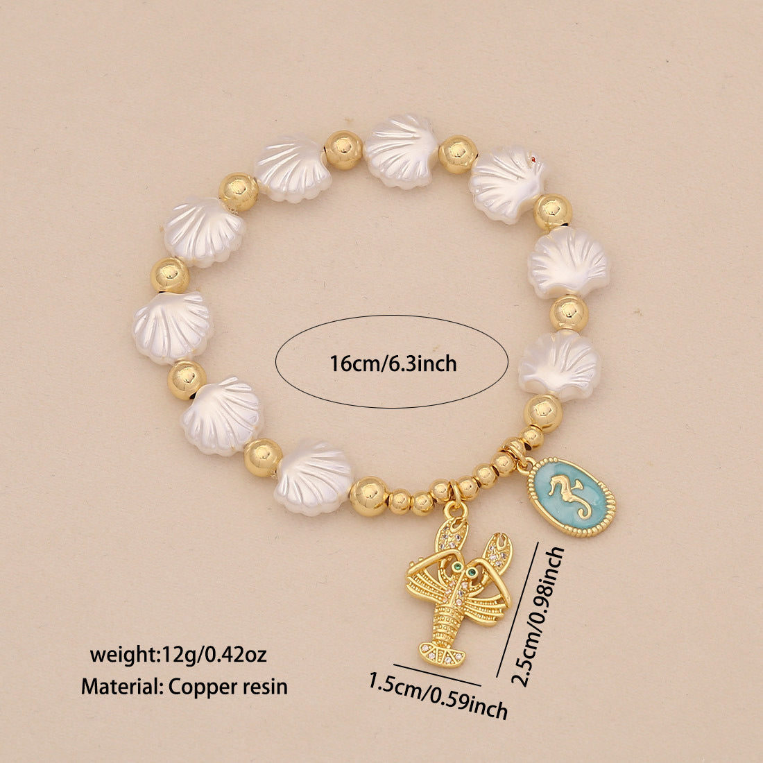 Braccialetto Artigianale Originale in Rame e Plastica con Perline Imitazione Perla, Stella Marina, Conchiglia, Tartaruga Placcato Oro 18K Gioielli da Donna