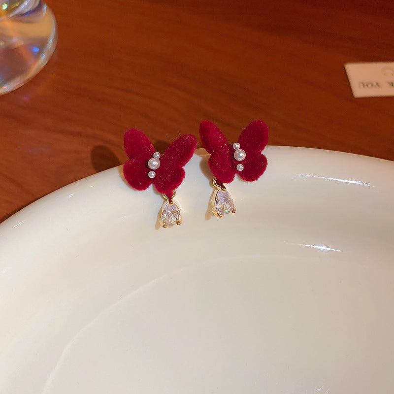 Elegant Geometric Dangle Stud Earrings for Women with Red Tassels, Alloy Base and Gold Plated Finish
