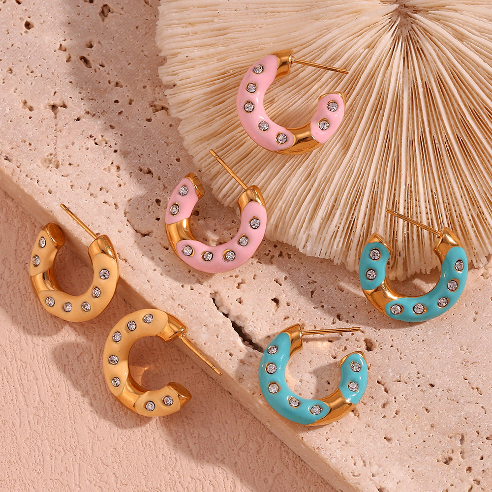 Orecchini a cerchio da donna geometrici alla moda in acciaio inossidabile placcati oro 18 carati smaltati con strass a forma di ciambella