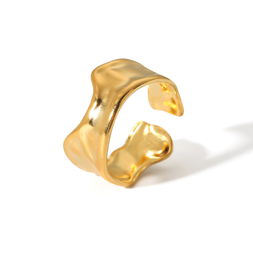 Anello regolabile in acciaio al titanio, geometrico a onde, con trama irregolare stropicciata, placcato in oro 18K sottovuoto, da uomo e donna