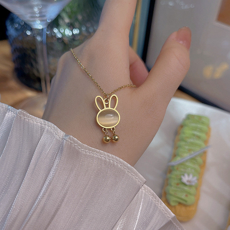 Cute Rabbit Pendant Necklace in Titanium Steel with Plated Finish for Women, Minimalist Clavicle Chain with Animal Design