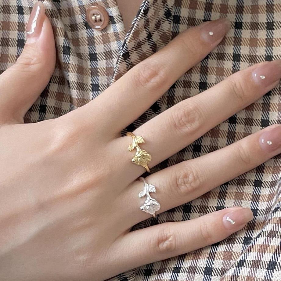 Dulce Anillo de Plata de Ley 925 con Diseño Floral Geométrico Chapado en Oro Rosa para Mujer