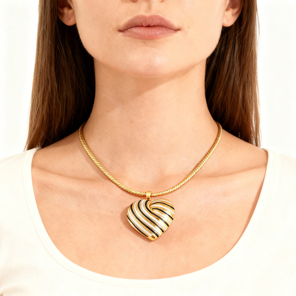 Casual Striped Heart Drip Oil Plated Stainless Steel Necklace for Women