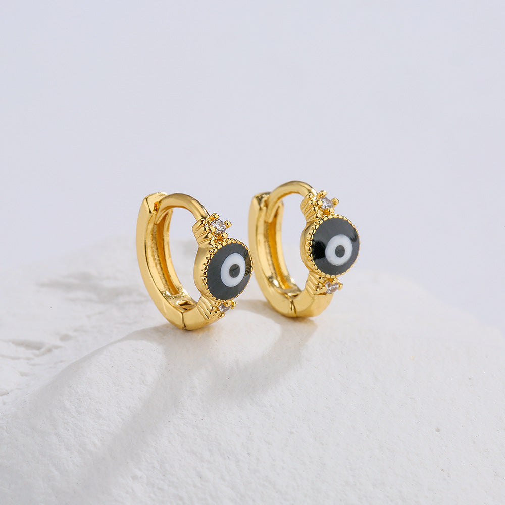 Minimalist Geometric Copper Earrings with 18K Gold Plating and Enamel Evil Eye Design for Women