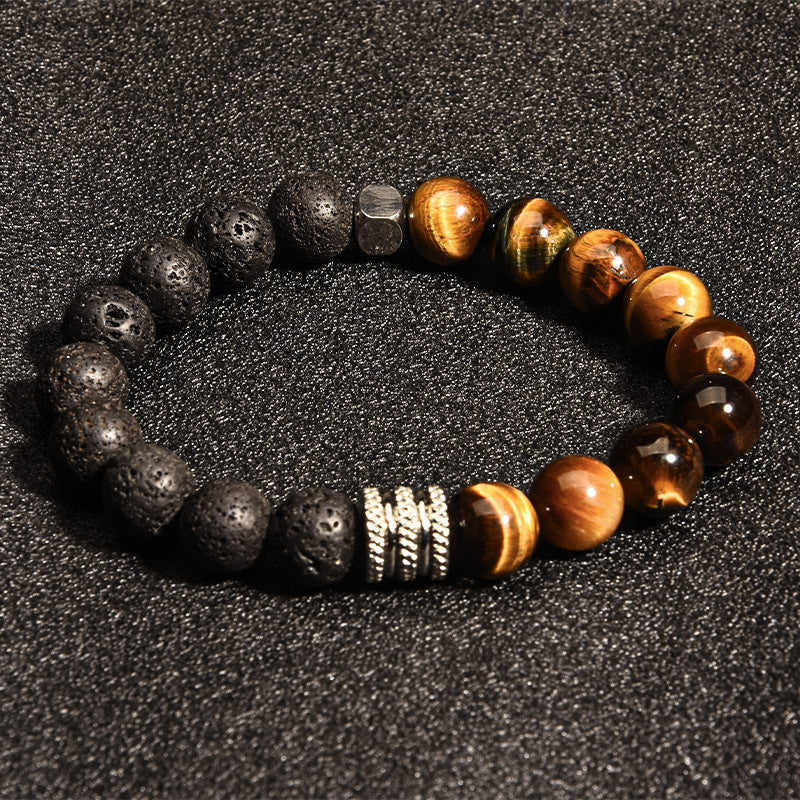 Geometric Stainless Steel Men's Bracelet with Tiger Eye Volcanic Map Stone Beads
