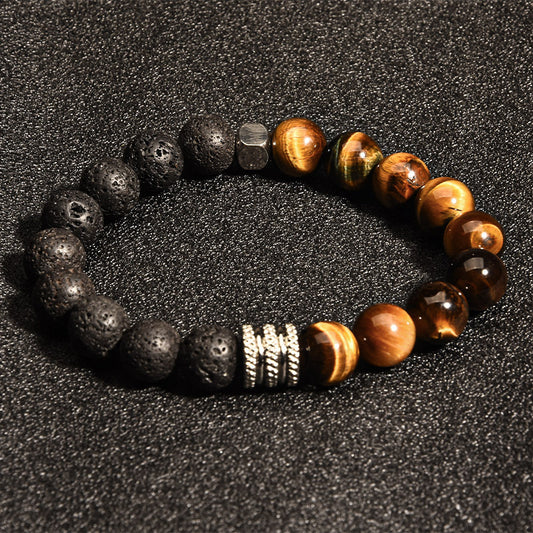 Geometric Stainless Steel Men's Bracelet with Tiger Eye Volcanic Map Stone Beads