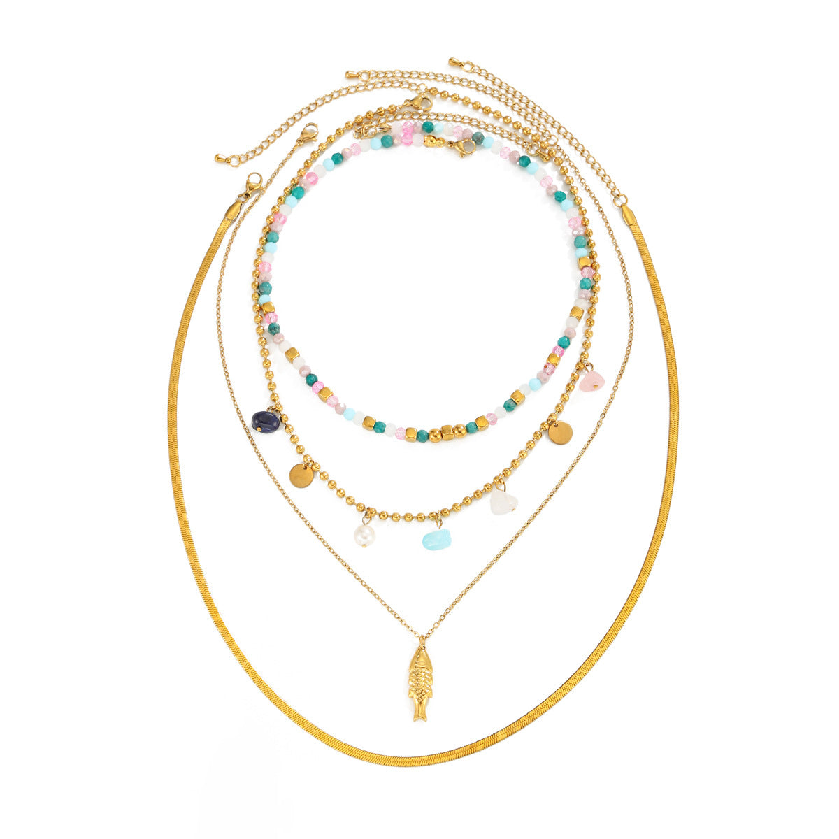 Sweet Colorful Crystal Bead Snake Chain Necklace with Stainless Steel Fish Pendant for Women