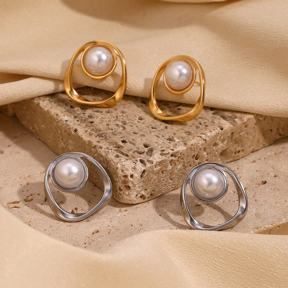 Vintage-Inspired Geometric Stainless Steel Ear Studs with 18K Gold Plating and Hollow-Out Pearl-Like Detail for Women