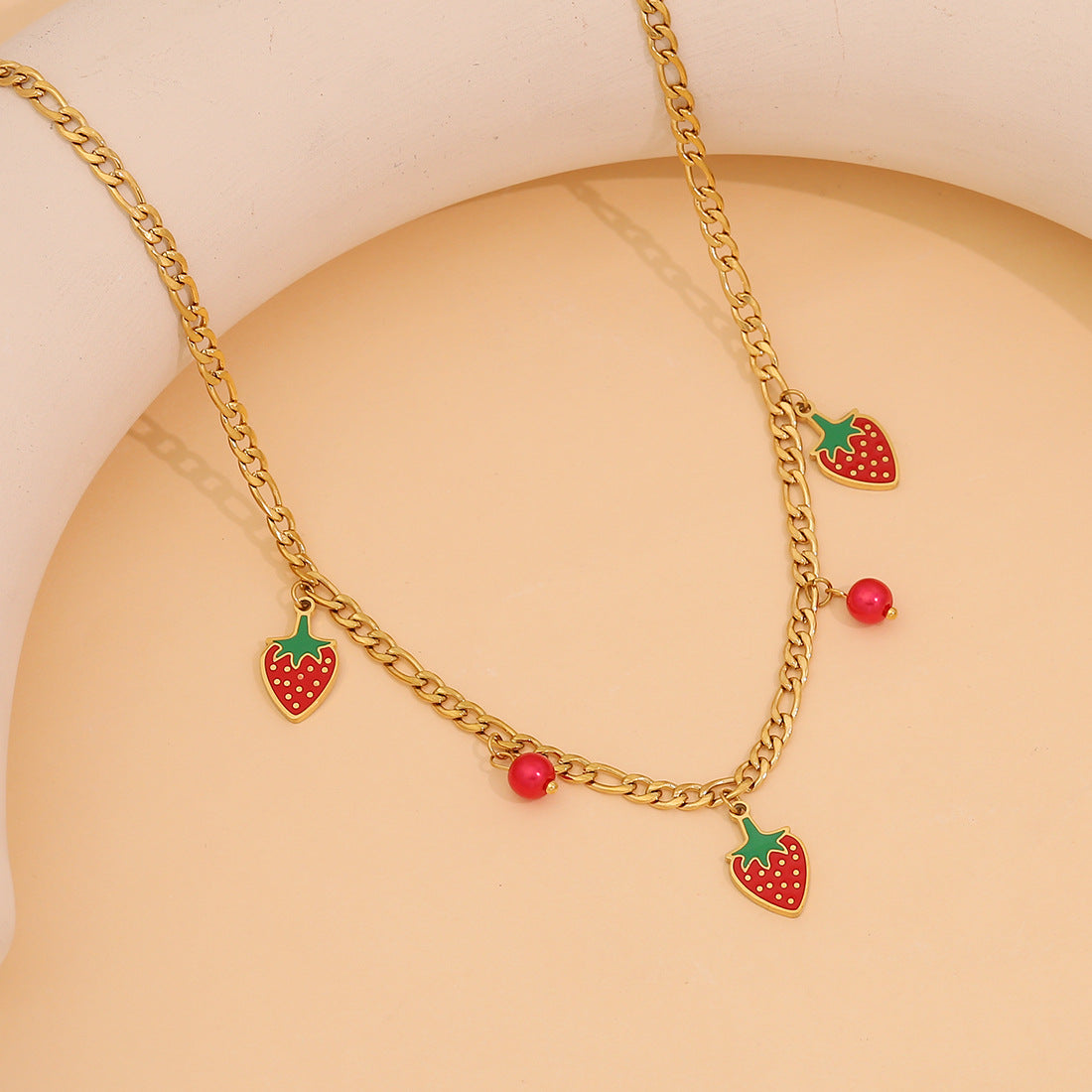 Cute Strawberry-Shaped Stainless Steel Necklace with Plated Finish for Women, Dainty Clavicle Chain