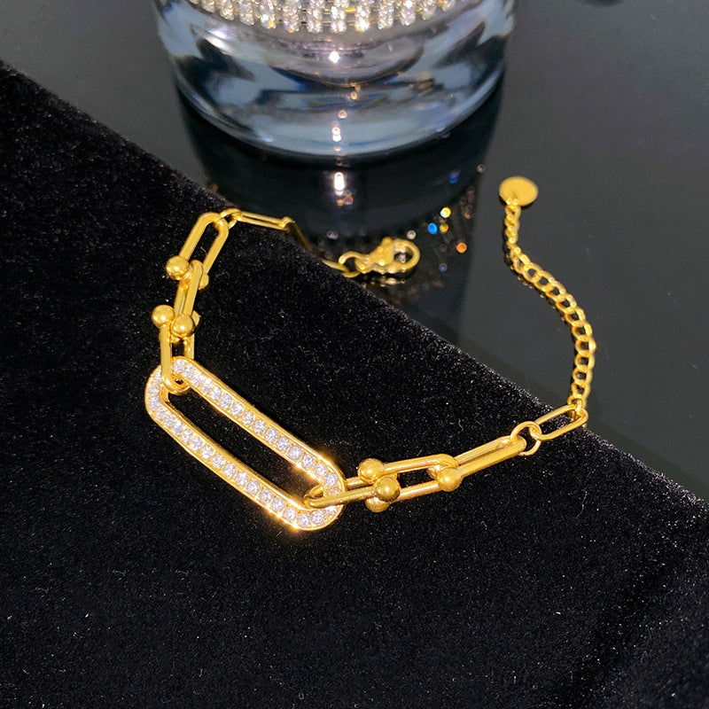 Minimalist Geometric Micro-Inlaid Cubic Zirconia Titanium Steel Paperclip Horseshoe Clasp Chain Bracelet