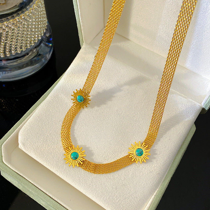 Vintage Geometric Titanium Steel Plated Rope Chain Necklace with Blue Stone Sunflower Design for Unisex