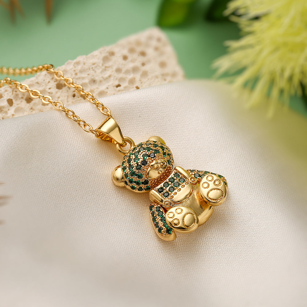Minimalist Bear-Shaped Copper Pendant Necklace with 18K Gold Plating and Zircon Accents for Women
