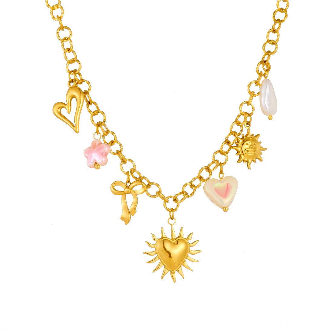 Chic Gold Plated Heart Butterfly Pearl Stainless Steel Pendant Cable Chain Necklace for Women