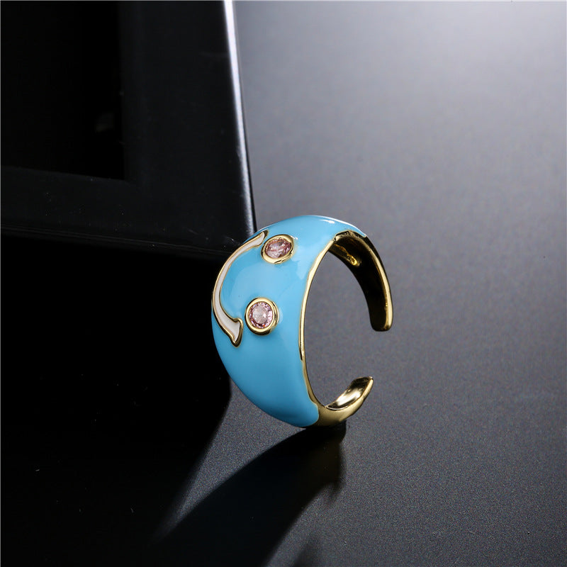 Cute Smiley Face Geometric Drip Oil Brass Ring for Women Adjustable Open Design